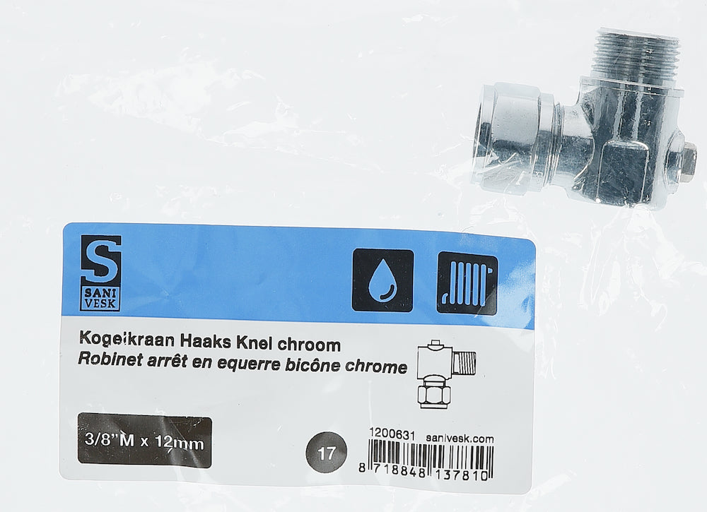 Sanivesk kogelkraan haaks Mini met schroef bediening chroom 12mm x3/8" (knelxbuitendraad)