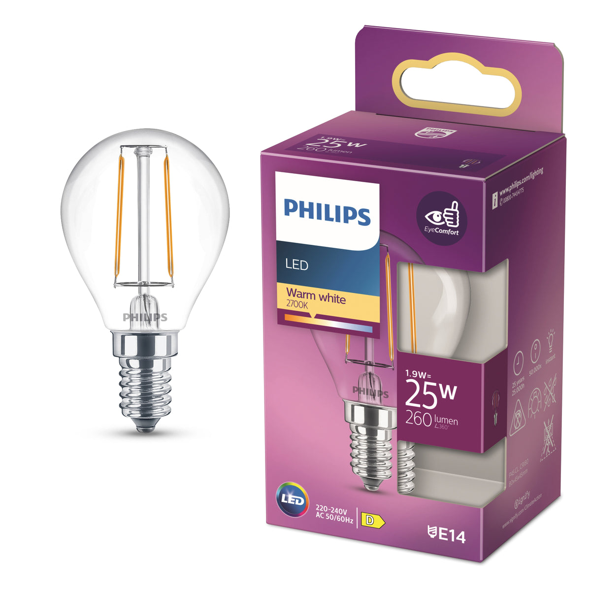 Philips LED Kogel E14 2700K 25W Helder