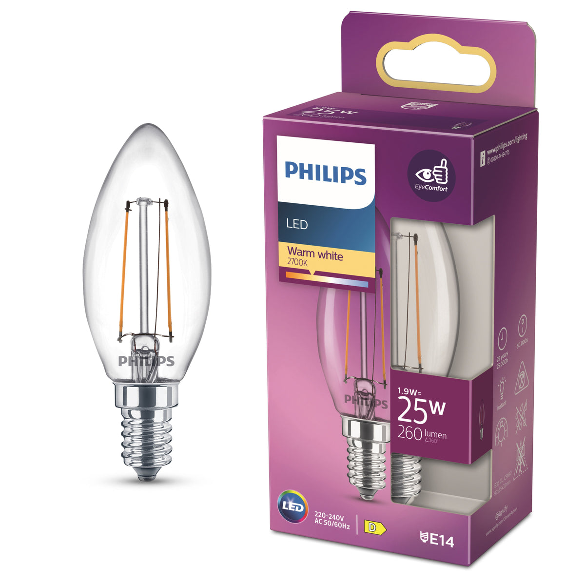 Philips LED Kaars E14 2700K 25W Helder