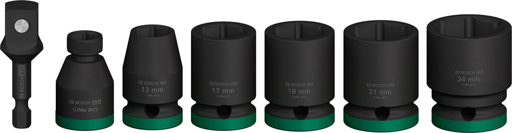 Bosch PRO 7-delige krachtdoppenset 40 mm, 13; 17; 19; 21; 24 mm, 2 adapters