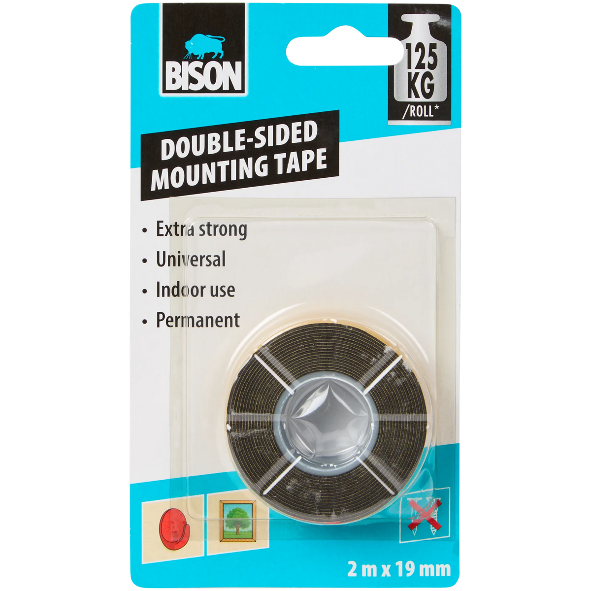 Bison dubbelzijdig montagetape — 2 m x 19 mm